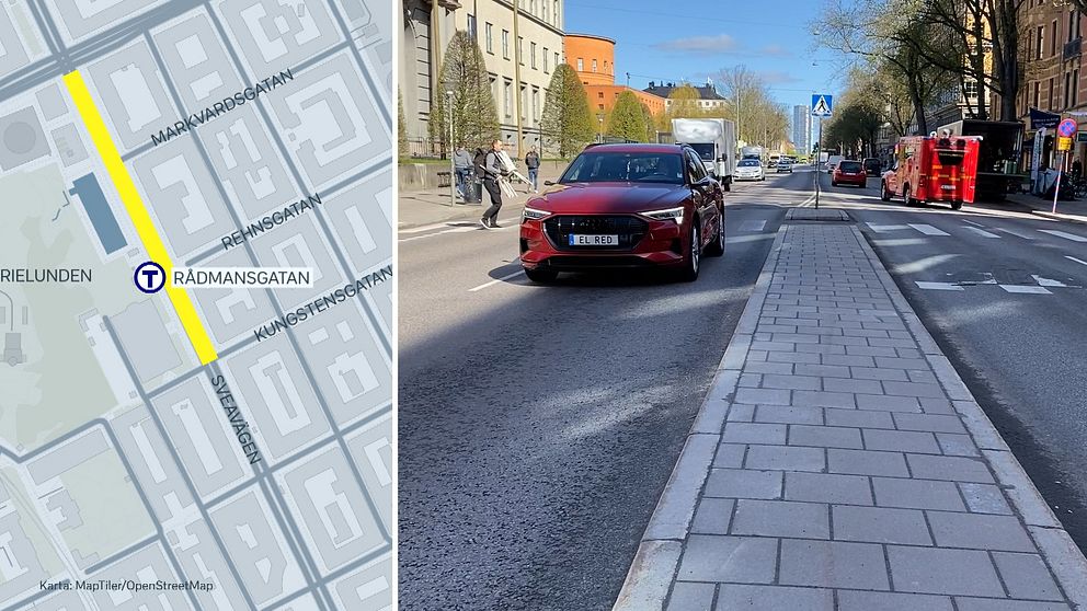 Till vänster: Karta på delen av Sveavägen som stängs av. Till höger: Bilar på Sveavägen.