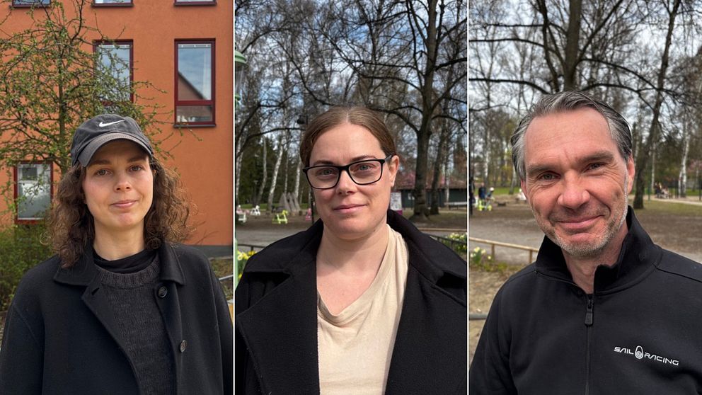 Tredelad bild. Vänster: person framför byggnad. Mitten: person vid träd. Höger: person vid parkväg.