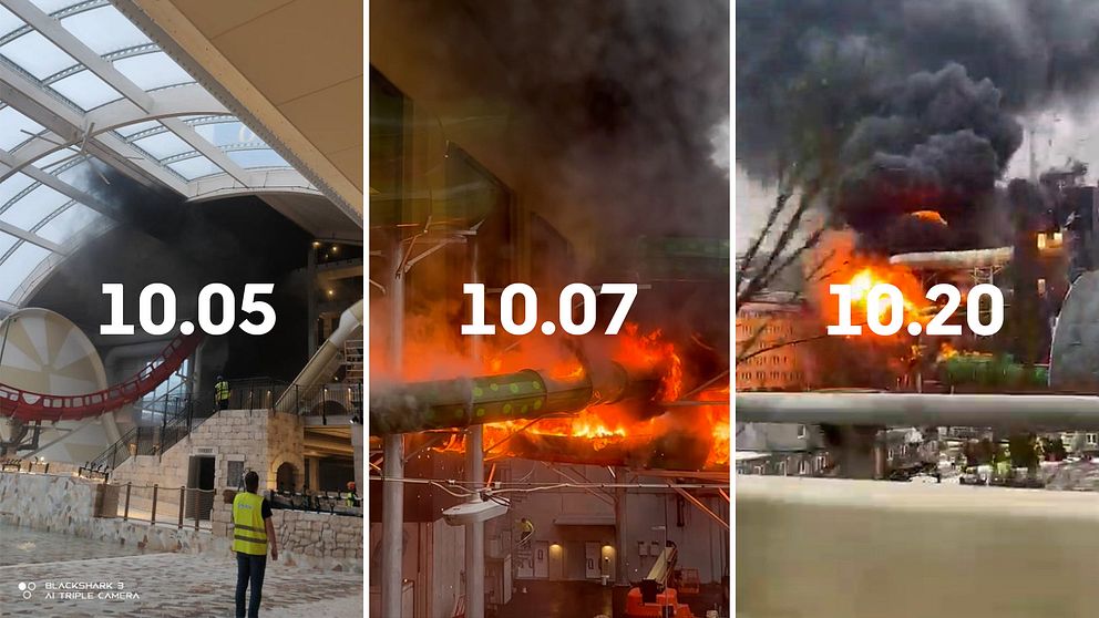 Tre bilder på branden och klockslagen 10.05, 10.07 och 10.20