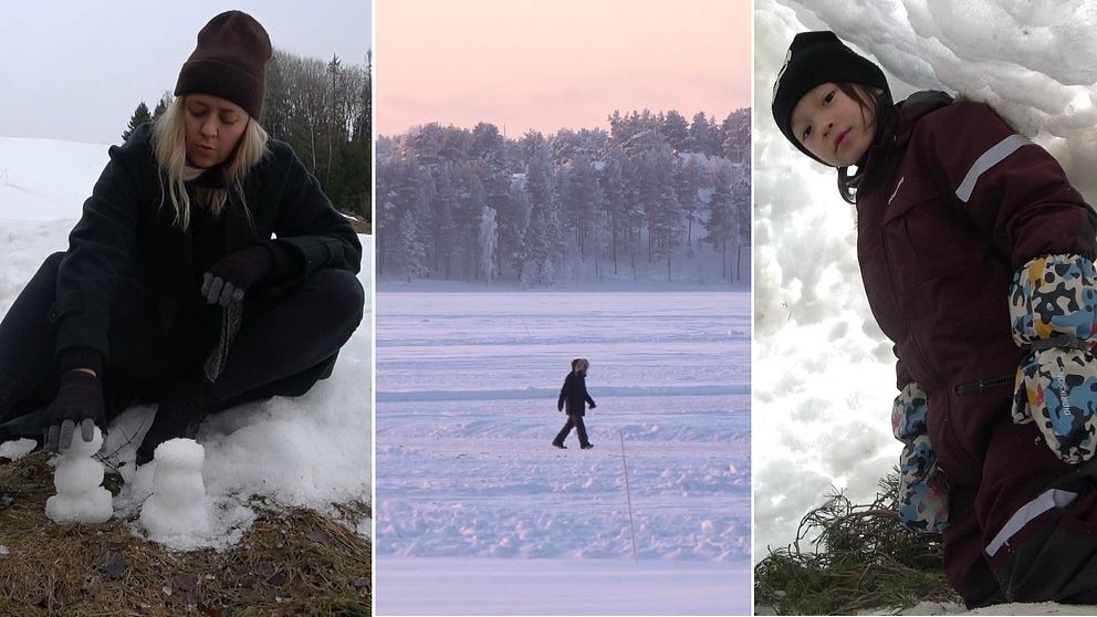 en kvinna gör små snögubbar, en man går ute på isen, ett barn leker i en igloo