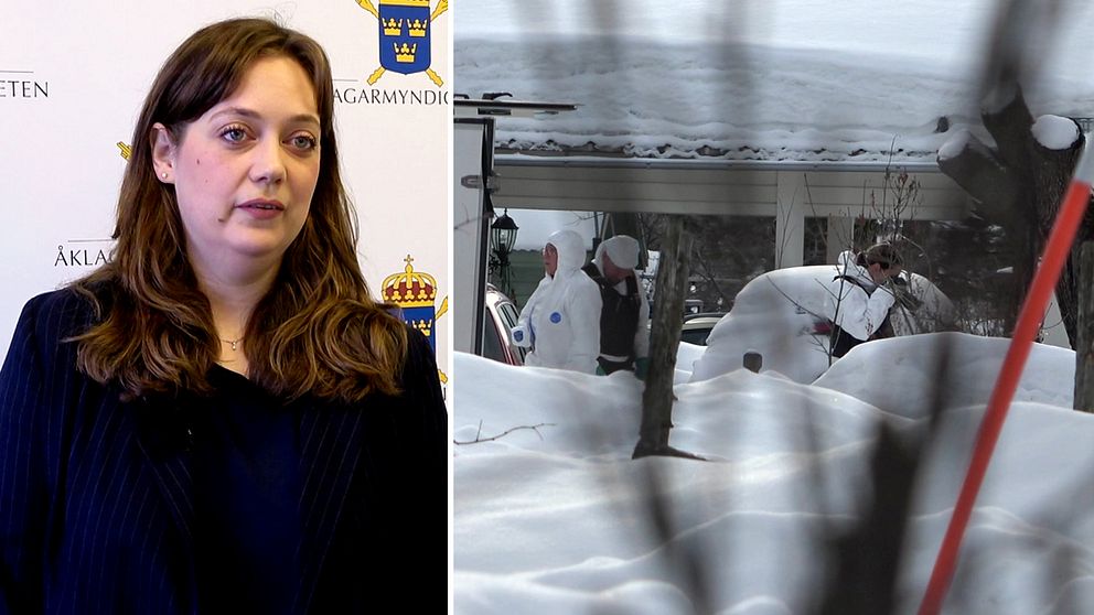 Åklagare Åsa Valter till vänster och polisens tekniker undersöker brottsplatsen i bilden till höger.