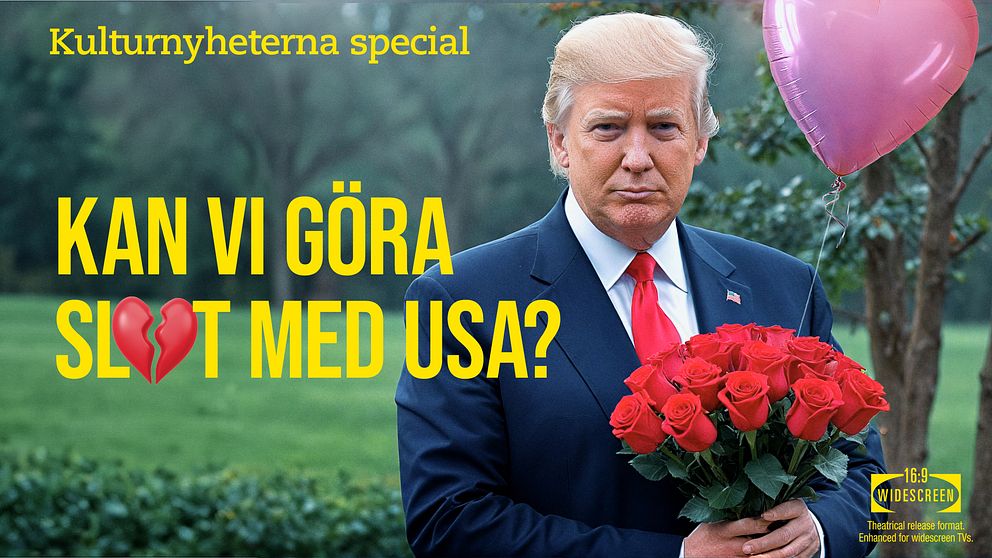 Man med rosenbukett och hjärtballong. Text: ”Kan vi göra slut med USA?”