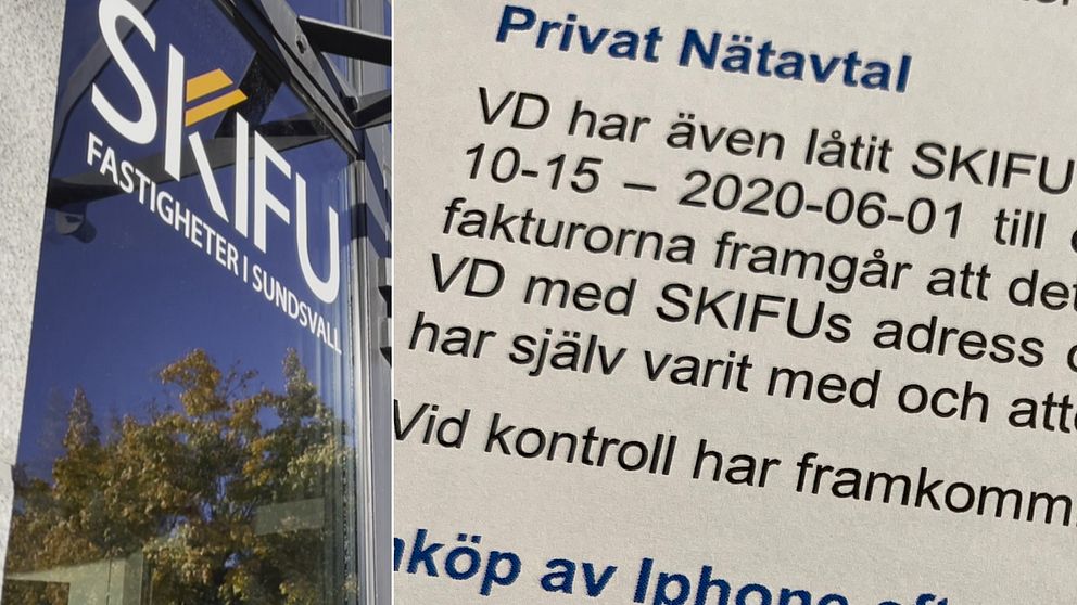 En exteriörbild på Skifus kontor i Sundsvall samt till höger en del av internutredningen som gjordes kring vd:n i bolaget.