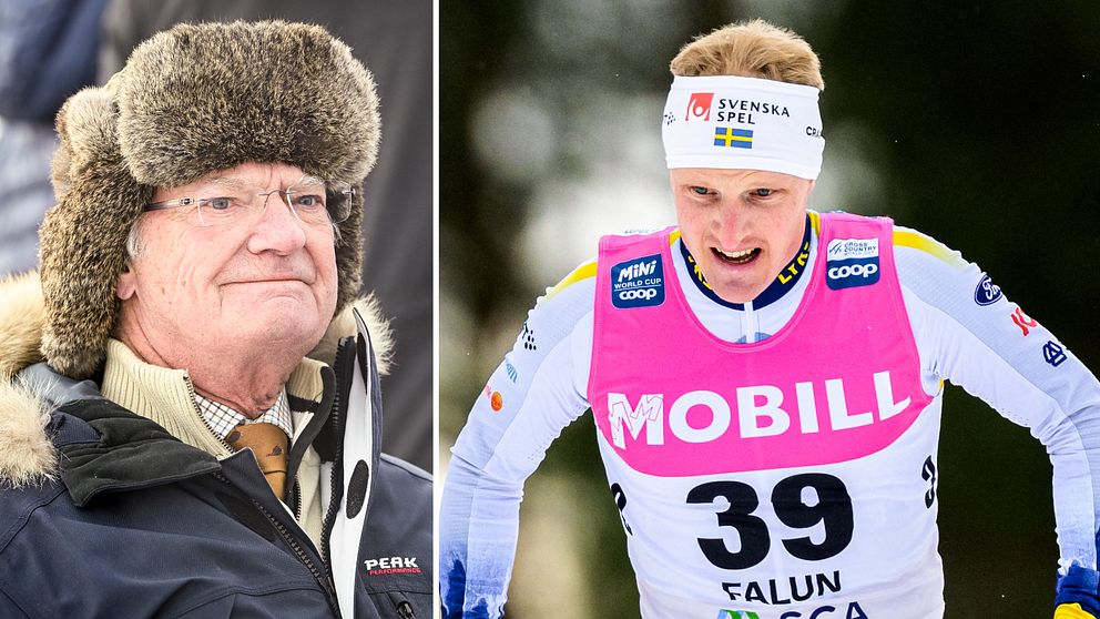 Delad bild: Till vänster en person med en pälsmössa och vinterkläder i en sittande position. Till höger visar en skidåkare i tävlingsdräkt med nummer 39, med vinterbakgrund.