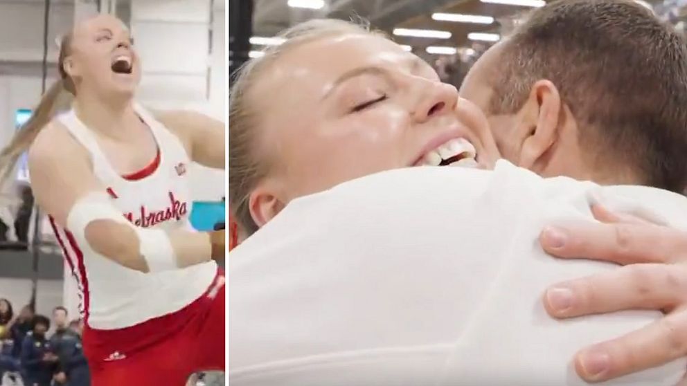 Tvådelad bild. Till vänster: atlet i Wisconsin-dräkt. Till höger: en person som omfamnas.