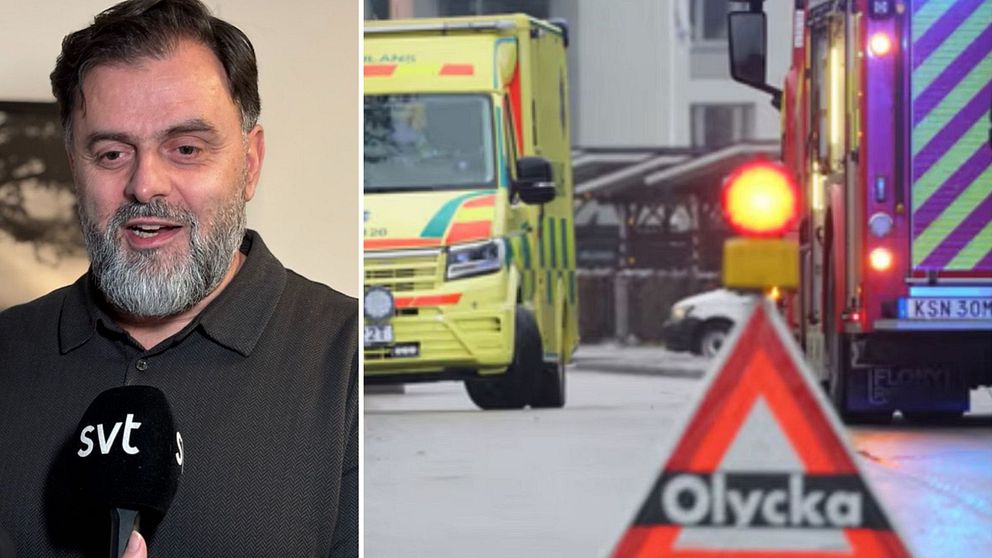 En man håller en mikrofon med ”svt” tryckt på, som talar om en incident, medan en ambulans och en brandbil syns i en annan del av bilden. I förgrunden finns en varningstriangelformad skylt som visar ordet ”Olycka”, vilket indikerar en nödsituation.
