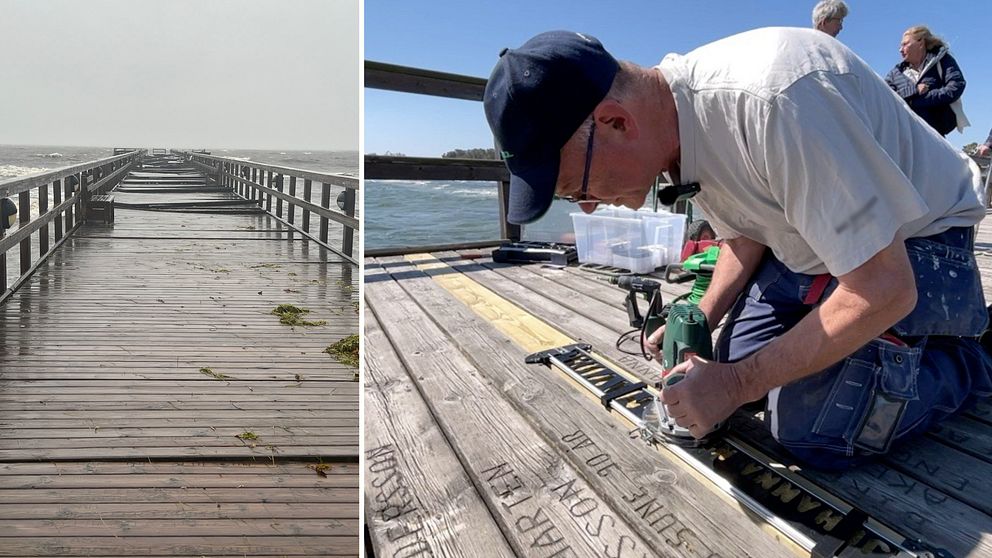 Till höger i bild Fred Forthman som fräser in namn i Åhusbryggan. Till vänster i bild bild från Åhusbryggan efter stormen Babet