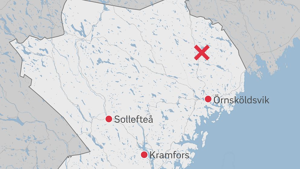 karta över norra Västernorrlands län, med ett rött kryss för den aktuella platsen