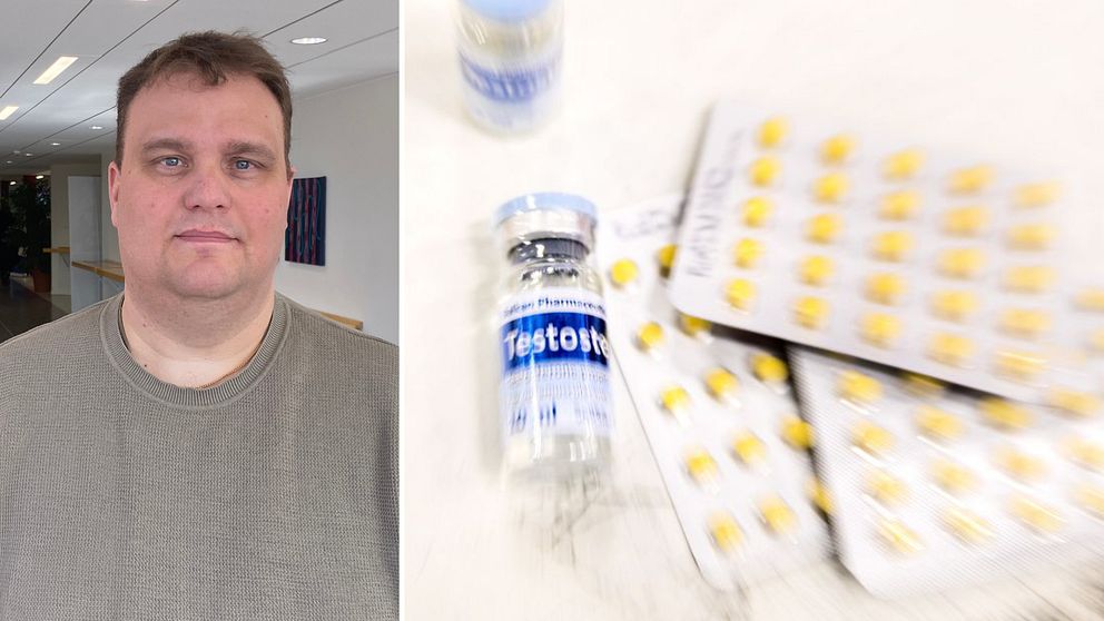 En bild på samordnaren för narkotikabyggande arbetet i Sundsvalls kommun Robert Gatugård och en bild på dopningsmedel i tabelettform och en ampull med testosteron