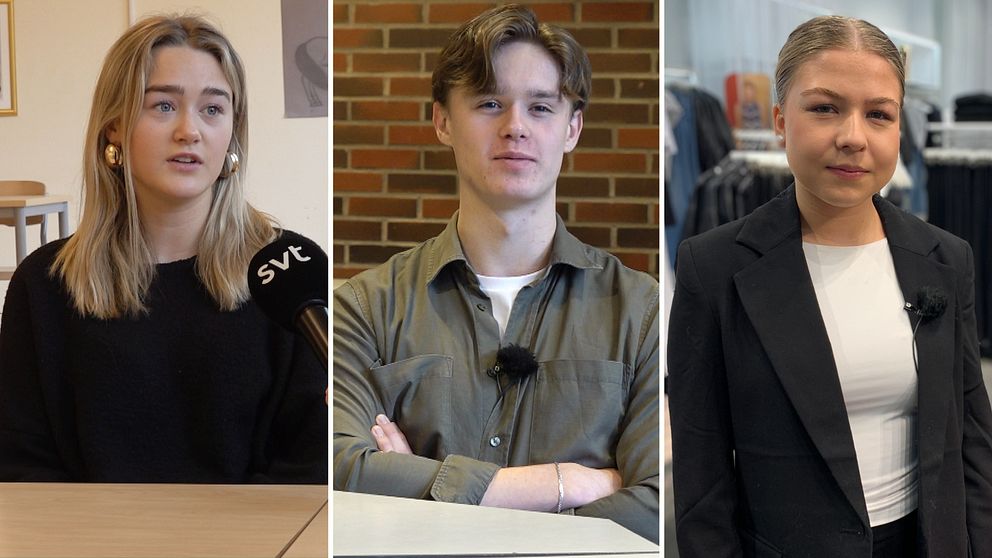 Delad bild på tre ungdomar. Två tjejer och en kille.
