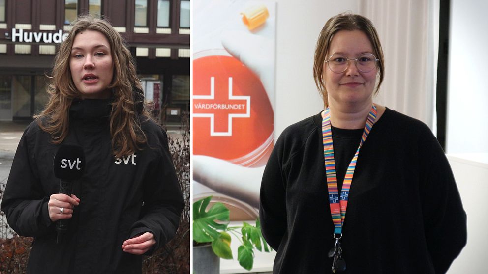 Bilden är en delad bild. Till vänster står en person i SVT-jacka med en mikrofon utomhus framför en byggnad. Till höger står en annan person inomhus, framför en affisch med Vårdförbundets logotyp, och bär en färgglad halsbandshållare.