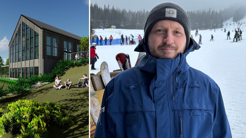 Tvådelad bild. Vänster: Modernt hus i grönskande landskap. Höger: Christoffer Tilstam i blå jacka framför skidbacke.