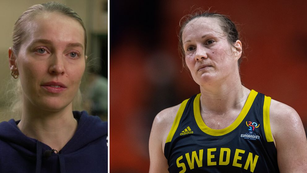 Delad bild: till vänster syns en individ i vardaglig miljö, iklädd en mörkblå tröja. Till höger ses en person i en svart och gul sportträningslinne med ordet ”Sverige” och logotypen för EM på bröstet, i en idrottsrelaterad miljö.
