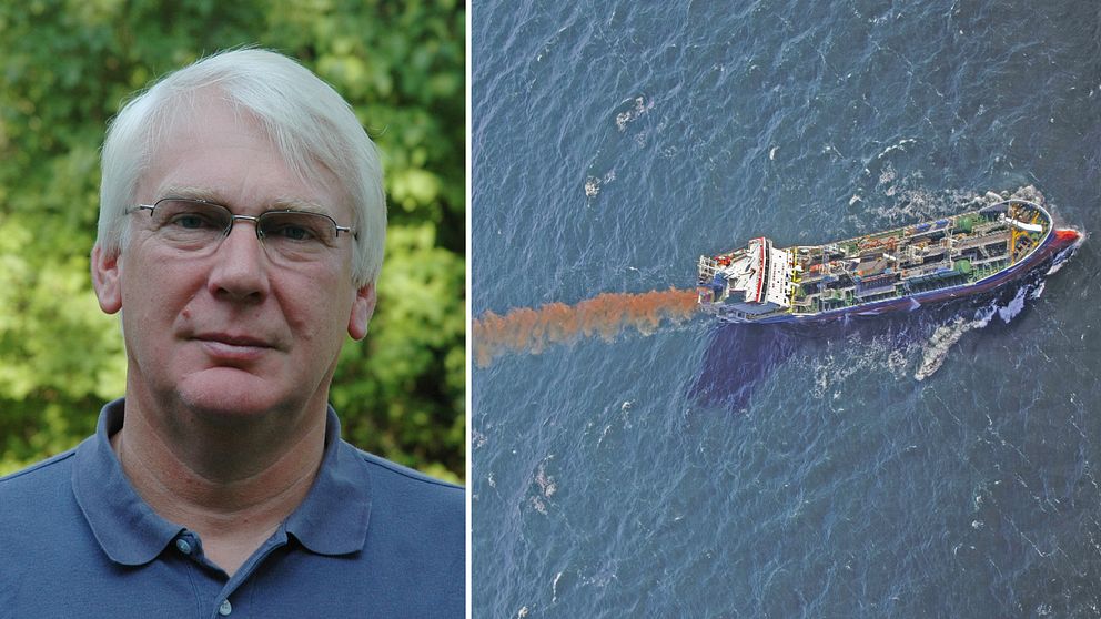 Tvådelad bild på dels Kjell Larsson, professor emeritus vid Linnéuniversitetet, och fartyg som släpper ut vegetabilisk olja på havsytan.