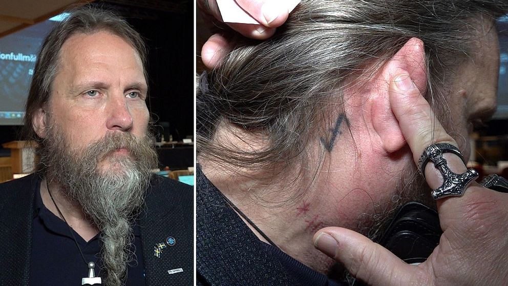 Delad bild. Till vänster: person med långt skägg. Till höger: närbild på ett tatuering bakom öra.