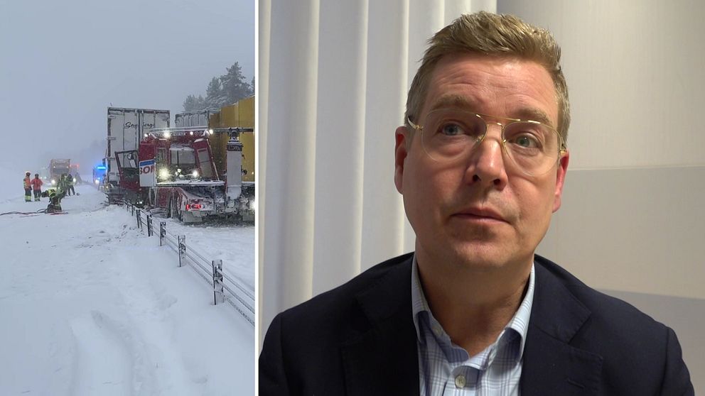 En trafikolycka under köldsmockan i Västerbotten och Länsförsäkringars skadechef Christoffer Jonsson.