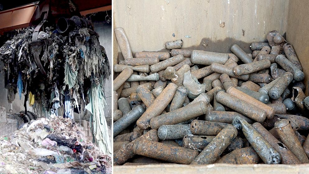 Bild med två sektioner: till vänster syns en hög med skräp, främst trasiga kläder och textilier, hängande från en vägg, medan höger sektion visar en behållare fylld med rostiga metallcylindrar, troligtvis gamla patroner eller liknande.