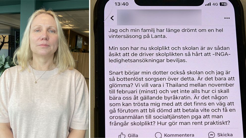 Till vänster: Anna Medin, jurist Skolverket. Till höger: screenshot ur en Facebook-grupp.