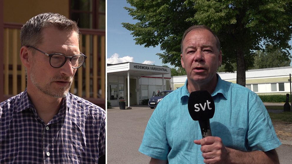 Jörgen Noren (S) till vänster, har rutig skjorta och glasögon.. Till höger bild på reporter Anders Hansson framför Hedemora vårdcentral.