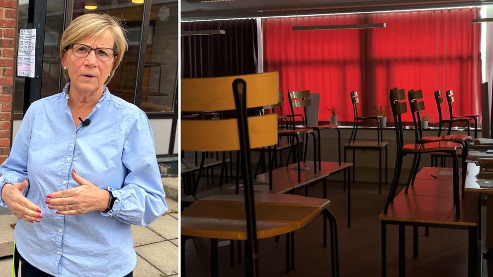 Delad bild. Till vänster: Gun Axelsson utanför skolans entré. Till höger: tomt klassrum med uppstaplade stolar.