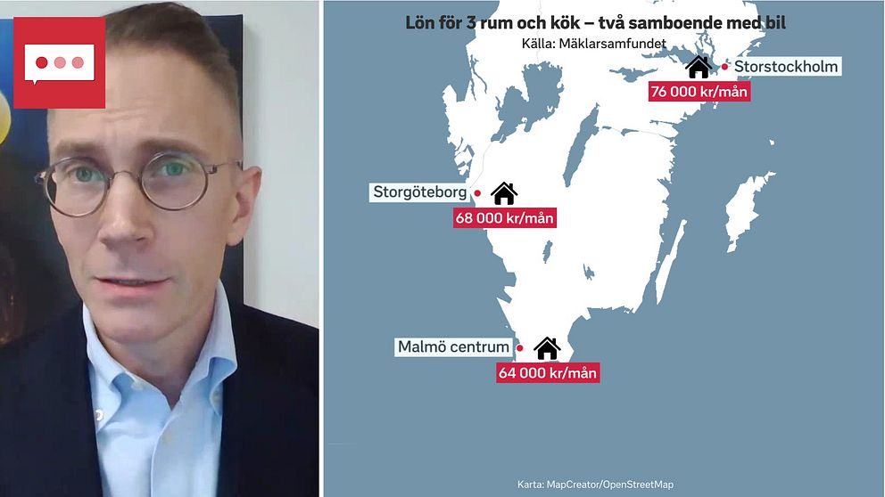 Karta över Stockholm, Göteborg och Malmö med lön som krävs för en trea.