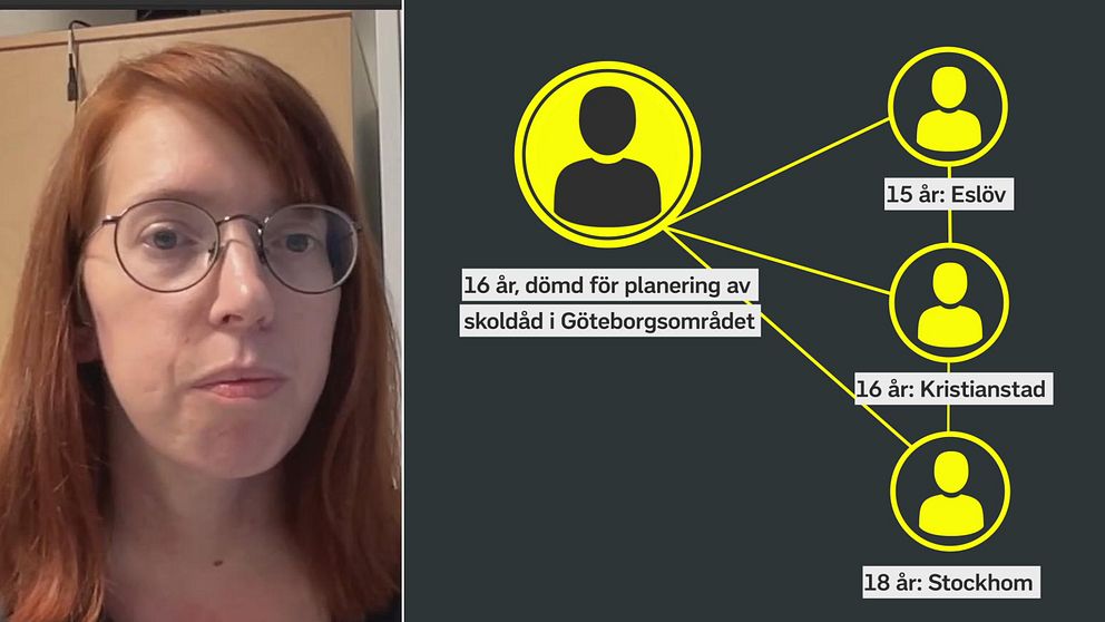 My Vingren, researcher expo, och grafik över kopplingar mellan de som begår skolattacker.