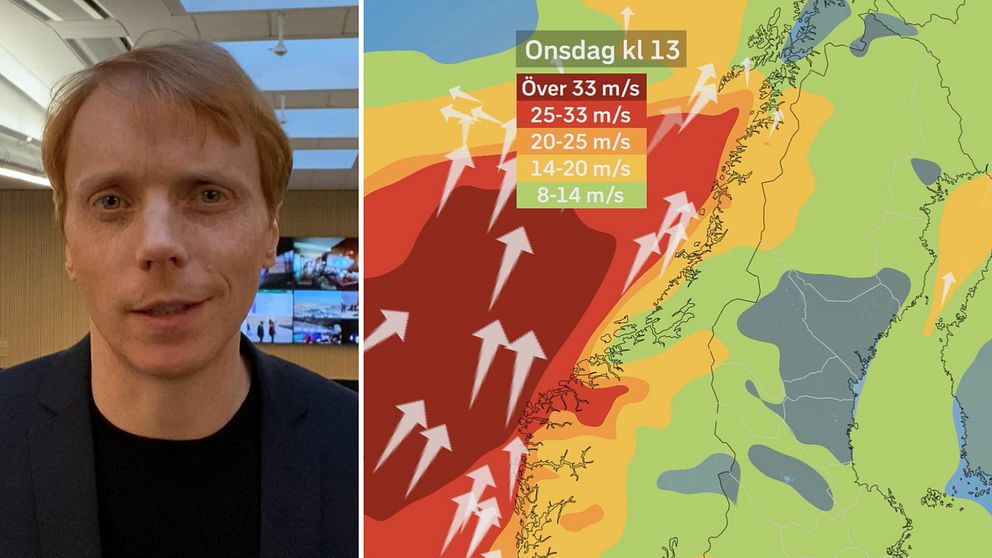 Meteorolog Marcus Sjöstedt och en väderkarta över skandinavien