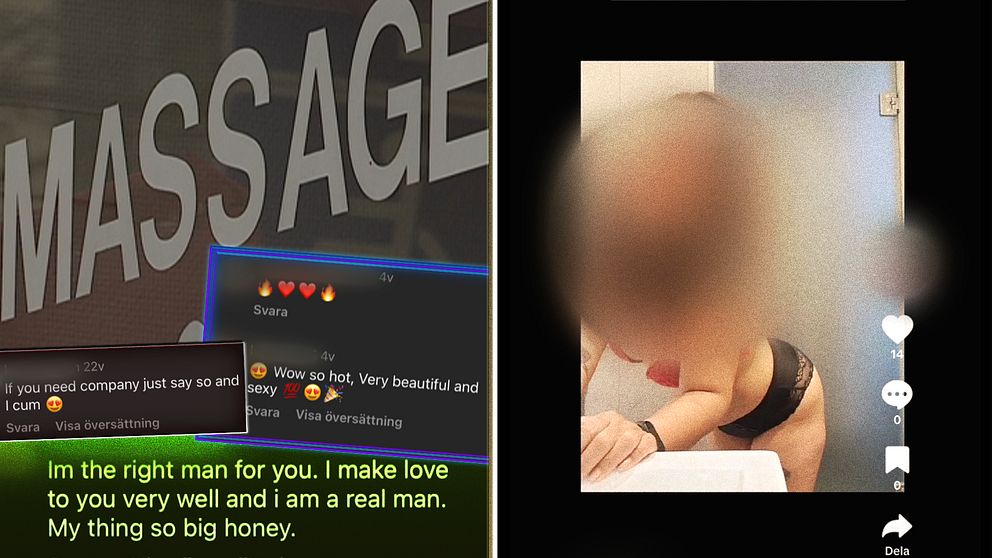 En bild på skylt för en massagesalong samt urklipp från sociala medier med kommentarer och en kvinna, vars ansikte man inte ser, som poserar i underkläder på en bild.