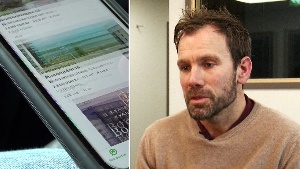 Delad bild. Vänster: en smartphone visar en webbsida. Höger: en man i beige tröja.