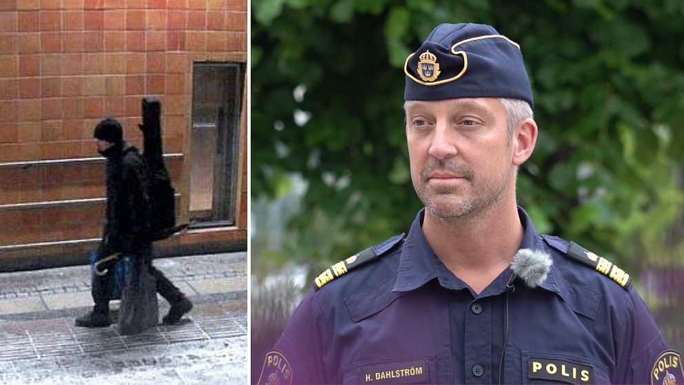 En person bär ett gevär på ryggen utomhus; polis i uniform syns på andra bilden.