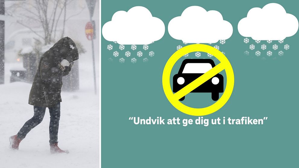 En delad bild som visar två sektioner. Den vänstra sektionen visar en person som går i kraftigt snöfall, iförd en vinterjacka och med huvudet nedböjt mot vinden. Den högra sektionen har en grön bakgrund med symboler av snöflingor och en bil med ett rött överstrykningstecken, samt texten ”Undvik att ge dig ut i trafiken”.