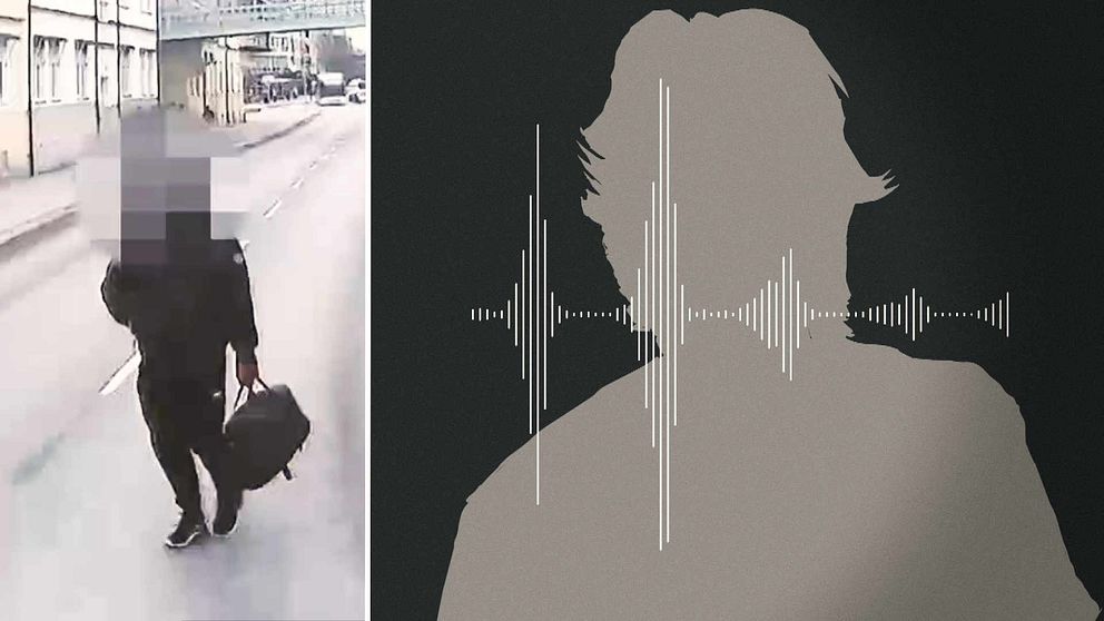 Man bär en väska mitt på gatan. Mannen är åtalad misstänkt för våldsdåden på Oxbacken i Västerås 2024.