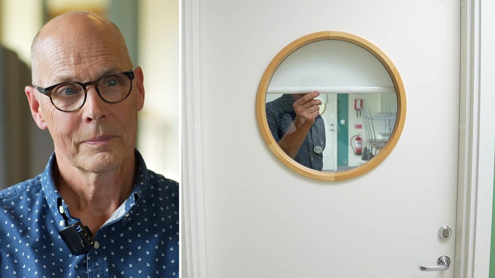 Staffan Östman drar ner en gardin  i en klassrumsdörr på Campus Risbergska, en av trygghetsåtgärderna efter masskjutningen.