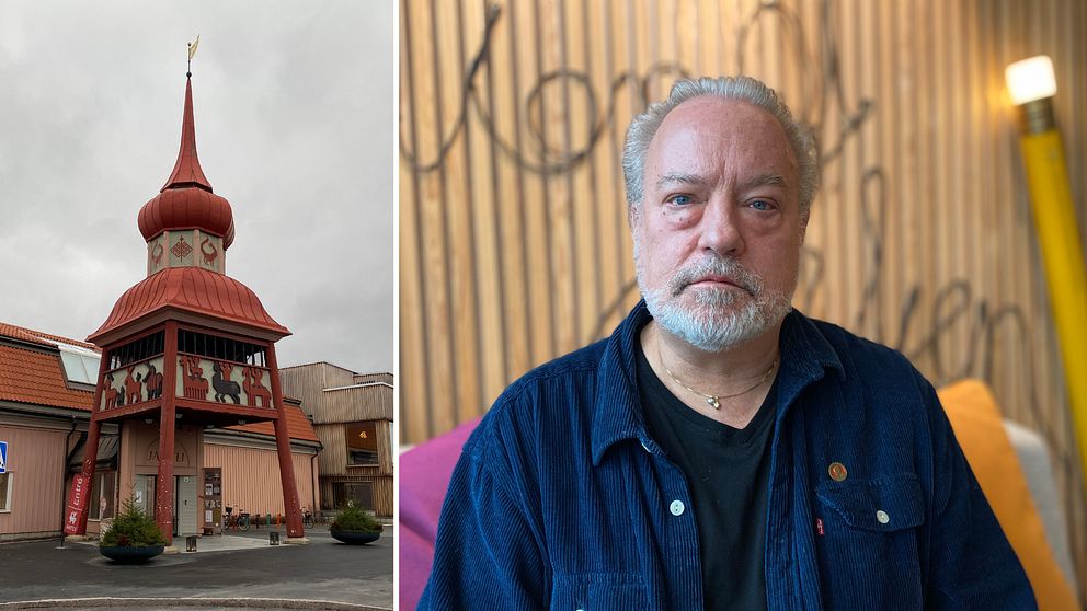En delad bild med två sektioner. Till vänster syns en röd och vit tornliknande byggnad. Entrén till Jamtli.  Till höger Robert Uitto, i blå jacka med träpaneler i bakgrunden, där det finns en konstnärlig text placerad på väggen.