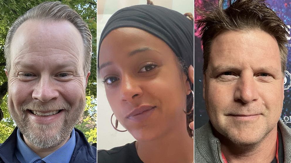 En delad bild som visar tre personer på olika platser. Den vänstra personen har ett leende och står utomhus med grönska i bakgrunden. Den mellersta personen har en neutral ansiktsuttryck och är fotograferad inomhus. Den högra personen har en neutral min och står framför en färgglad bakgrund med mönster.