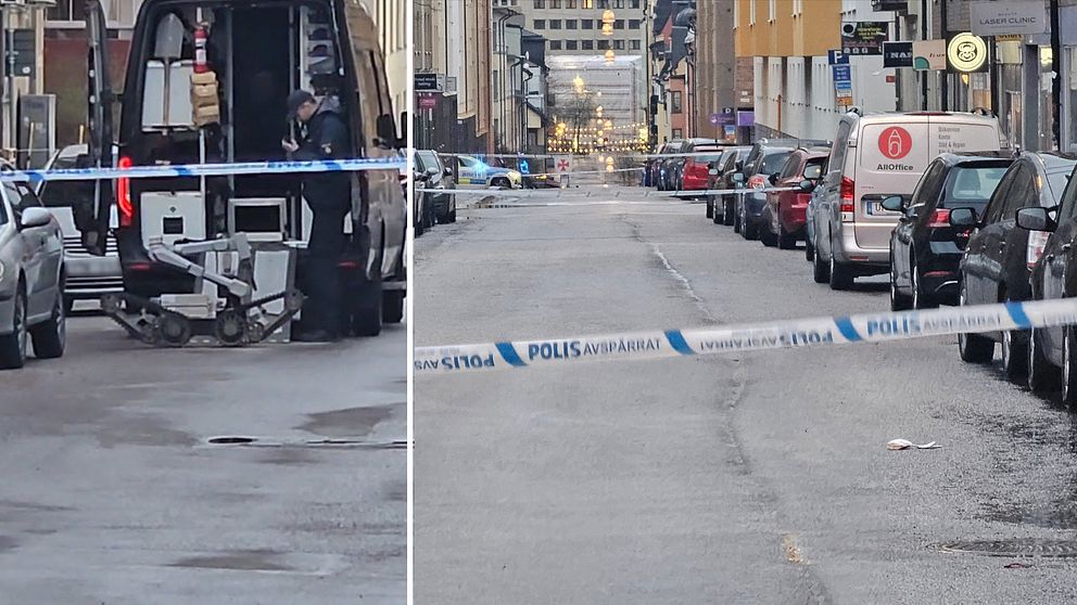 Polisens bombrobot samt avspärrade gator i Norrköping.