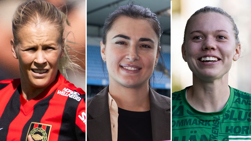 Adelina Engman, Zecira Musovic och Bea Sprung i sina nya damallsvenska klubbtröjor.