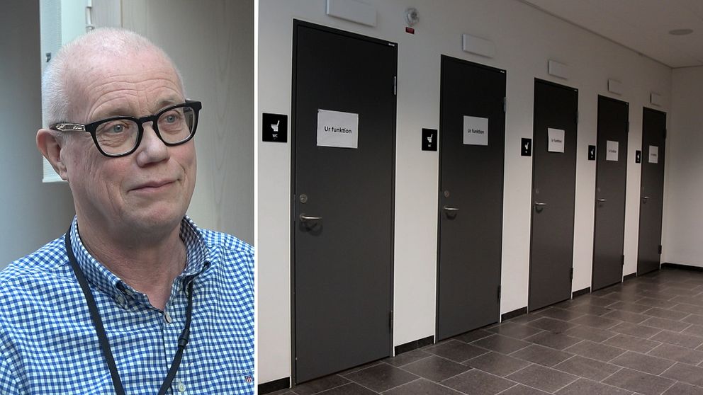 Till höger: Skylt på toalettdörr där det står ”Ur funktion”. Till vänster: Robert Tillaeus, enhetschef på Uppsala kommun.