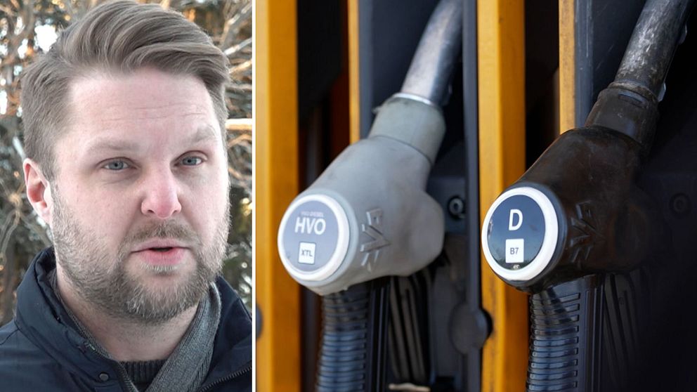 Oppositionsråd Robert Hamberg (M) och bild på HVO- samt dieselpump.