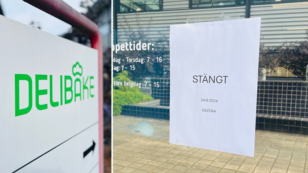 Bilden är en delad bild. Den vänstra sektionen visar en del av en butiksskylt med texten ”DELIBAKE” i grönt. Den högra sektionen visar en dörr med en skylt där texten ”STÄNGT” är tryckt, följt av datumet ”24/9 2024” och ordet ”OLYCKA” som förklarar stängningen.