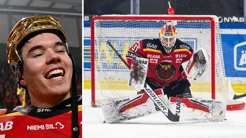 Delad bild. Till vänster: hockeyspelare med guldhjälm. Till höger: målvakt räddar puck i mål.