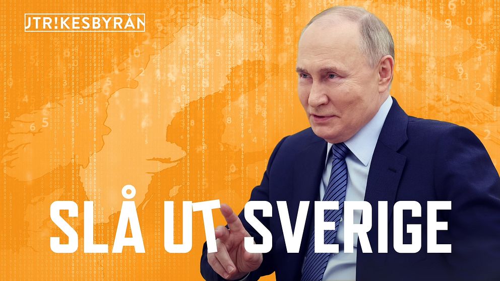 En bild på Putin, en gul animerad bild med en sverigekarta och texten ”Slå ut Sverige” skriver på