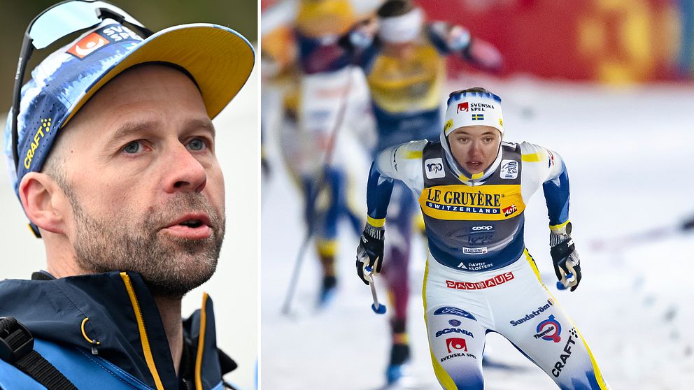 Delad bild. Till vänster: längdskidåkare i närbild. Till höger: skidåkare i tävling i spåret.