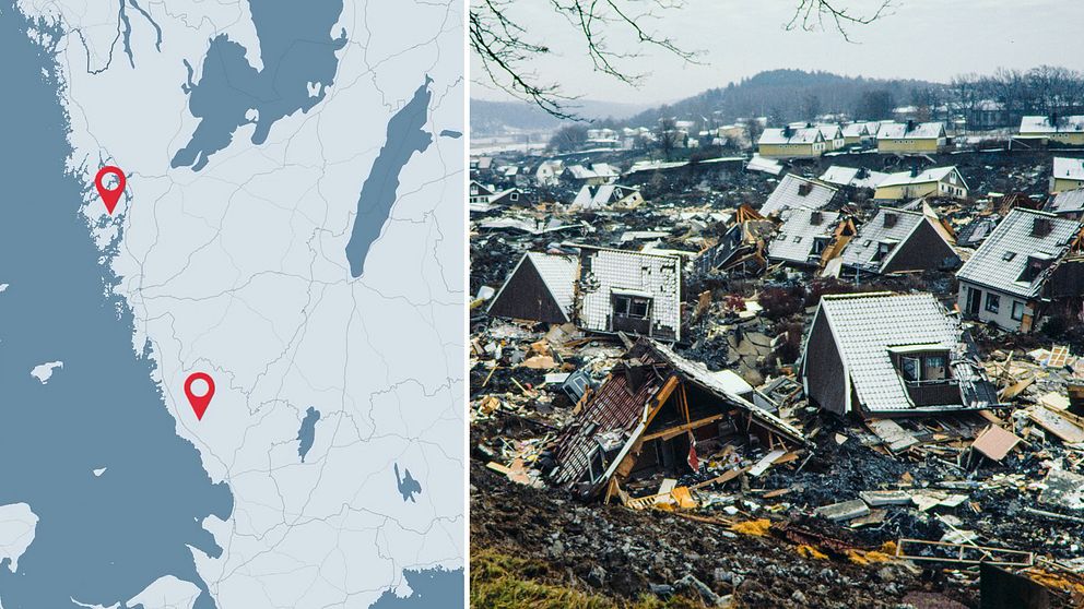 Montage: Karta och bild från skredet i Tuve
