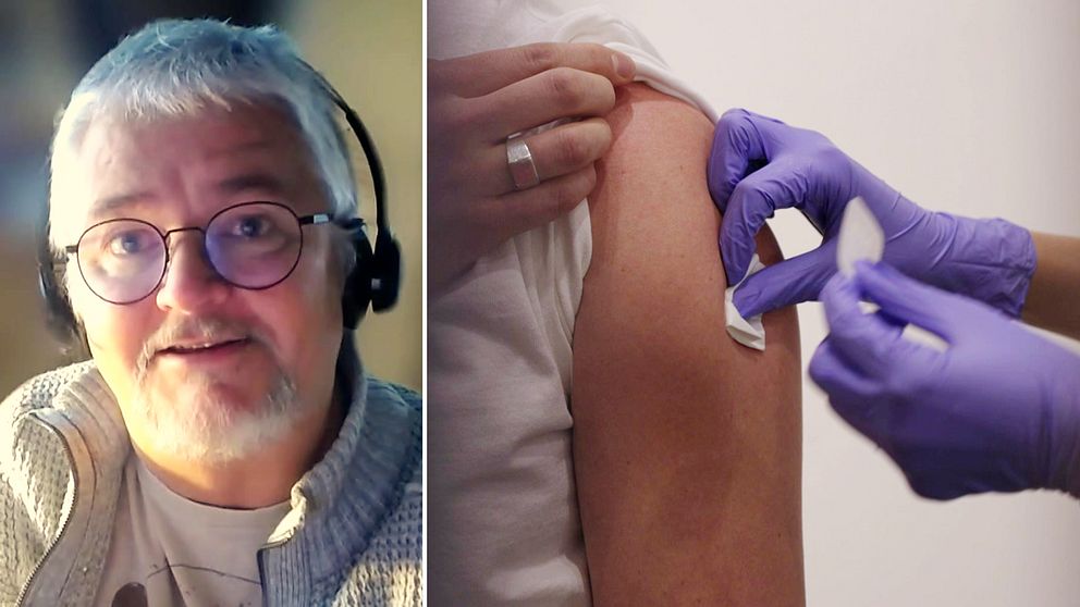 Smittskyddsläakren Anders Nystedt och en patient som får en vaccinspruta i armen.