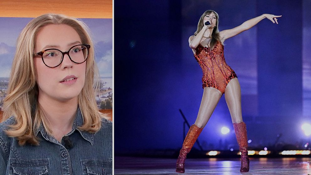Montage med bild på reporter Wilma Petterson i blont hår och glasögon, till höger en bild på Taylor Swift på scen i en röd body och röda höga stövlar.