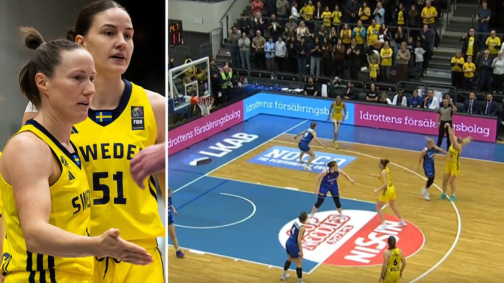 Tvådelad bild: Till vänster syns en svensk basketspelare in action med armarna utsträckta, bärandes en gul landslagsdräkt med texten ”SWEDEN” och nummer 51. Till höger pågår en basketmatch där det svenska laget, i gula dräkter, spelar mot ett motståndarlag i blått på en inomhusbana, med åskådare i bakgrunden.