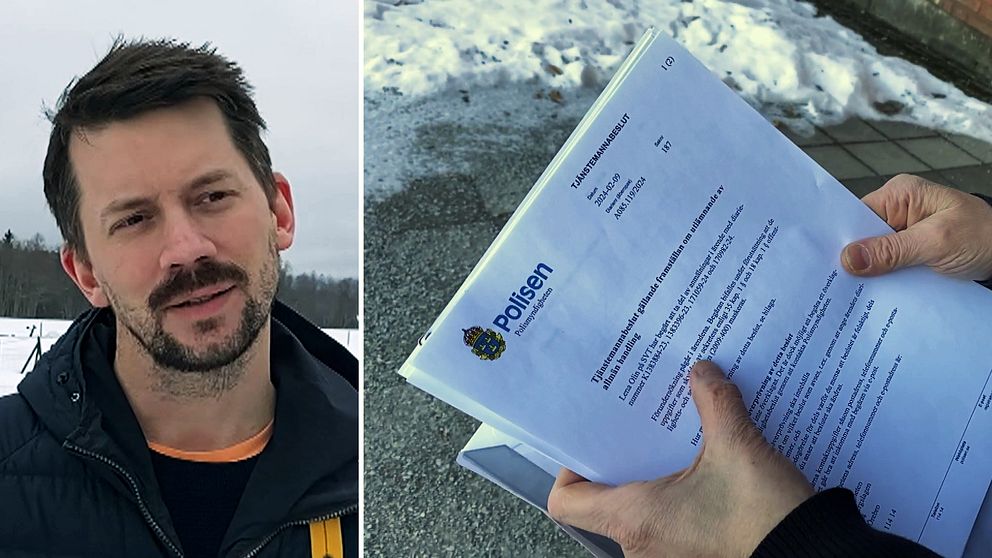 Tvådeladbild med en man i intervjusituation i vinterlandskap till vänster och ett dokument från polisen till höger.