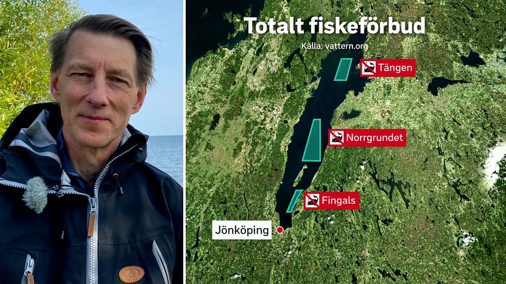 Anton Hallden, länsfiskekonsulent länsstyrelsen i Jönköpin står vid vättern iklädd blå jacka.