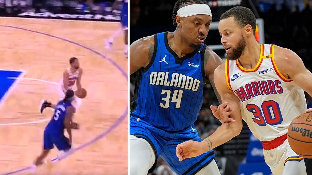 Tredelad bild. Till vänster: basketspelare dribblar. I mitten och höger: Warriors möter Orlando.